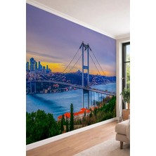 Dreamwall Modern Şehir Silueti ve Işıltılı Asma Köprü Temalı Panoramik Tekstil Duvar Kağıdı