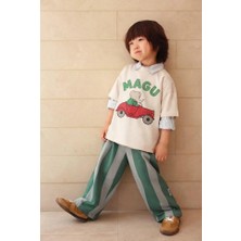 Erkek Çocuk Pamuklu Ekru Magu Baskılı T-Shirt ve Çizgili Eşofman Takım