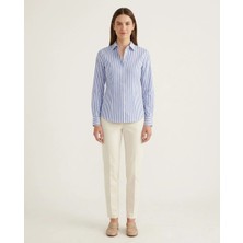 Cemo Kadın Çizgili Klasik Yaka Uzun Kollu Düğmeli Gömlek