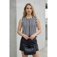 Lupinn Kadın Siyah Beyaz Çizgili Kolsuz Bluz Düğmeli Rahat Kesim Gömlek Bluz