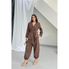 Dip Moda Kadın Kahverengi Kuşak Detaylı Oversize Şalvar Pantolon Blazer Ceket Takım DPNP023