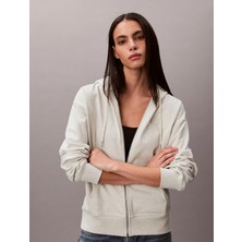 Calvin Klein Uzun Kollu Kabartma Monologo Havlu Kumaş Tam Fermuarlı Kapüşonlu Kadın Gri Sweatshirt LV047F205G-P4P