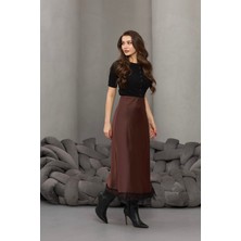 Fehu Bloom Kadın Kahverengi Beli Lastikli Dantelli Saten Etek