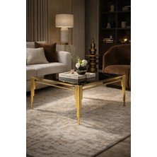Çelsan Kare Sütun Model Metal Ayaklı Orta Sehpa – 70 × 90 cm – Gold – Siyah Cam Üst Tabla