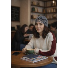 Mrey El Yapımı File Örgü Boncuklu Yazlık Şapka - Kadın File Bere – File Şapka - Tığ Işi, Koyu Gri, Kadın