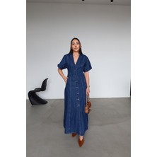 Özge Özgenç V Yaka Kısa Kol Denim Elbise