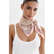 Modex Pudra Rengi Doğa Desenli Ipeksi Saten Fular (70*70CM)