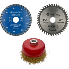 HAS - TEC 115 mm Kesim ve Temizleme Seti | Ahşap Testere (115MM) + Mermer Kesici (115MM) + Saçaklı Çanak Fırça