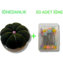 Tahta Altlıklı İğne Tutucu Minder ve Bir Paket Toplu İğne(Koyu Yeşil Renk)