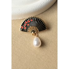 First Jewelry Inci Detaylı Gold Siyah Yelpaze Kadın Takı Broş