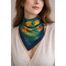 Modex Çiçek Desenli Lacivert Kenar Detay Ipeksi Saten Fular (70*70CM)