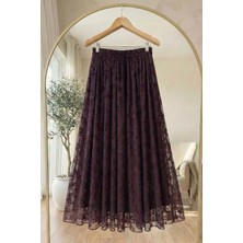 inStyle Çiçekli Flok Tül Astarlı Bordo Etek