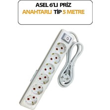 Asel Altılı, Anahtarlı Model, Topraklı, Klemensli, Kablo 5 Metre Uzunluğunda, Askı Aparatlı Grup Priz