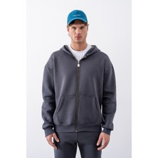 Gothamvibes Erkek Oversize Fermuarlı Kapüşonlu Antrasit Sweatshirt