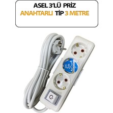 Asel Üçlü, Anahtarlı Model, Topraklı, Klemensli, Kablo 3 Metre Uzunluğunda, Askı Aparatlı Grup Priz