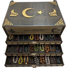 Yaman Hediyelik Kişiye Özel Cam Kapaklı Ahşap Tesbih ve Saat Koleksiyon Kutusu Tespih Kutusu 3+1 (30 Tesbih,12 Saat)