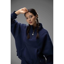 Gothamvibes Kadın Lacivert Fermuarlı Oversize Sweatshirt