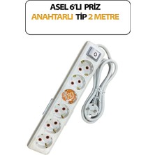 Asel Altılı, Anahtarlı Model, Topraklı, Klemensli, Kablo 2 Metre Uzunluğunda, Askı Aparatlı Grup Priz