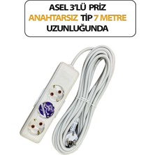 Asel Üçlü, Topraklı, Klemensli, Kablo 7 Metre Uzunluğunda, Askı Aparatlı Grup Priz Anahtarsız Model