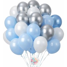 Joyane Bebek Mavi Beyaz Metalik Gümüş Balon Seti | 24 Adet Baby Shower Hastane Odası Süsleme