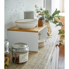 Zift Unique Doğal Ahşap Mutfak Rafı - Beyaz Metal Ayaklı Tezgah Üstü Düzenleyici - Dolap Içi Organizer