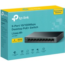 İsmiyle Al Tp-Lınk LS109P 8 Port 10/100 +1 Port RJ45 Uplınk 63W 250 Metre Poe Mesafe Metal Kasa Swıtch