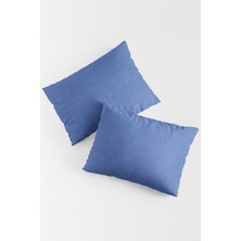 Bonny Home Vevra Çizgili Mavi Düz Renkli 2 Li Yastık Kılıfı Pamuklu Kumaş Fermuarlı