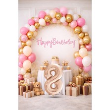 Tedaks Pompa Hediyeli Doğum Günü Seti Banner Gold Pembe Kum Beji Beyaz Balonlar Rose Gold Rakam