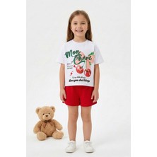 Lupinn Kız Çocuk Kiraz Baskılı Tişört Şort Takım Beyaz Baskılı Tişört Kırmızı Şort Yazlık Çocuk Takım