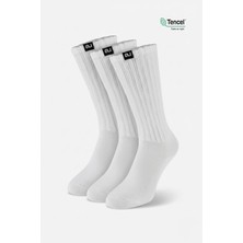 Allunique Lastikli ve Yumuşak Beyaz Diz Altı Çorap 3'lü Paket Doğal Liyosel Tencel Lifli