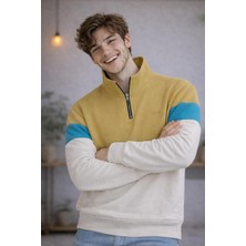 Starzone Regular Dik Yaka 3 Bloklu Sweatshirt