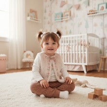 Ayma Kız Bebek Peluş Yelekli 3’lü Takım – Nakışlı Uzun Kollu Body ve Desenli Alt Pantolon