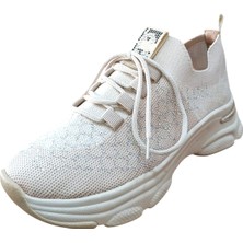 Queen L130 Taşlı Kadın Triko Sneaker Ayakkabı Bej