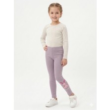 İncili Kız Çocuk Pamuklu Tavşan Nakışlı Esnek Tayt - Lila Okul ve Günlük Kullanım Çocuk Taytı