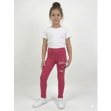 İncili Kız Çocuk Pamuklu Çiçek Nakışlı Esnek Tayt - Pembe Vive La Vie Yazılı Okul ve Günlük Tayt