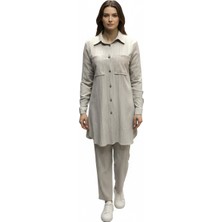 Ece Giyim Kadın Tunik Önden Düğmeli Üstten Cepli Kol Manşetli Pantolon Beli Lastikli Cepli Ikili Takım