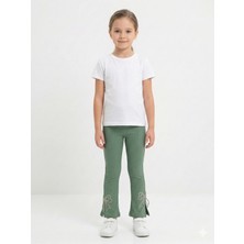 İncili Kız Çocuk Kaşkorse Ispanyol Paça Tayt - Fiyonk Detaylı Yeşil Esnek Okul ve Günlük Tayt