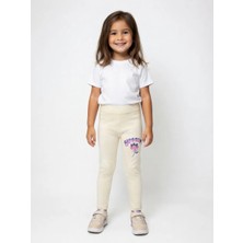 İncili Kız Çocuk Pamuklu Blossom Baskılı Esnek Tayt - Bej Okul ve Günlük Kullanım Çocuk Taytı