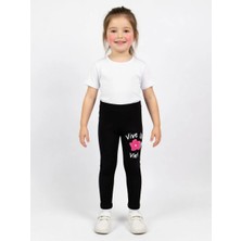 İncili Kız Çocuk Pamuklu Çiçek Nakışlı Esnek Tayt - Siyah Vive La Vie Yazılı Okul ve Günlük Tayt