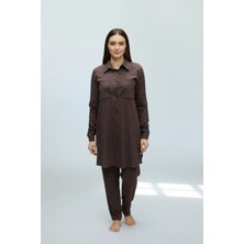 Ece Giyim Kadın Tunik Önden Düğmeli Üstten Cepli Kol Manşetli Pantolon Beli Lastikli Cepli Ikili Takım