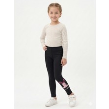 İncili Kız Çocuk Pamuklu Tavşan Nakışlı Esnek Tayt - Siyah Okul ve Günlük Kullanım Çocuk Taytı