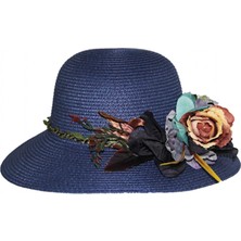 Bay Şapkacı Bohem Çiçek Buketi Detaylı Kadın Plaj Şapkası Hasır Kadın Şapka 3868