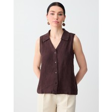 Jimmy Key Acı Kahve %100 Keten Kolsuz Dar Kesim Gömlek