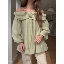 Brtc Kadın Mint Yeşil Gül Detaylı Ayarlanabilir Yaka Balonkol Bluz