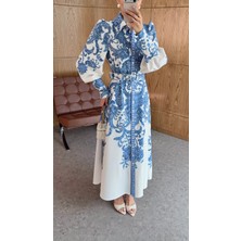 BRTC Design Kadın Mavi Şal Desenli Balonkol Kemerli Maxi Elbise