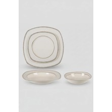 İpek Porselen 6 Kişilik Kare Form Krem Emboss Desenli Bahar 24 Parça Yemek Takımı