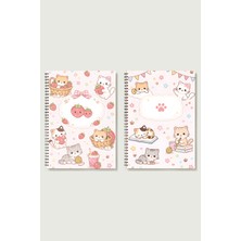 Black-One Sevimli Kedi & Çilek Temalı 2'li Set Kareli-Çizgili A5 Metal Spiralli Kalın Bristol Kapak 50 Yp 100 Sayfa A5