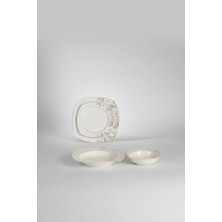 İpek Porselen 6 Kişilik Kare Form Krem Çiçek Desen Ilkbahar 24 Parça Yemek Takımı