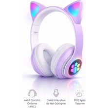 FaroxTech Kedi Kulaklı Bluetooth Çocuk Kulaklığı - Anc Destekli & Rgb LED Işıklı Katlanabilir Kulaklık