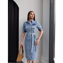 Esra Helvacı Boydan Düğmeli Kuşaklı Denim Elbise